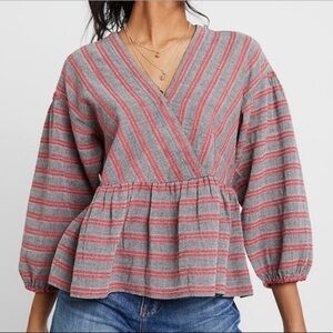 Madewell Womens XS Gray Red Striped Vneck Peplum Bubble Sleeve Top